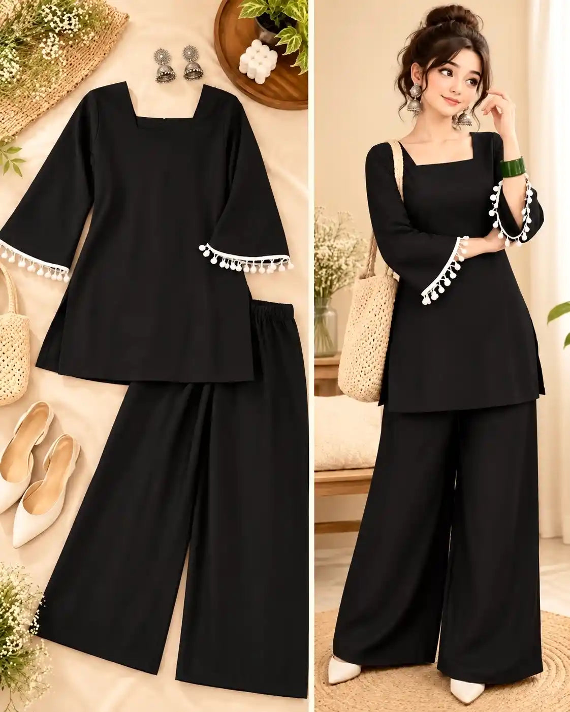 Black Pom Pom Kurta Set