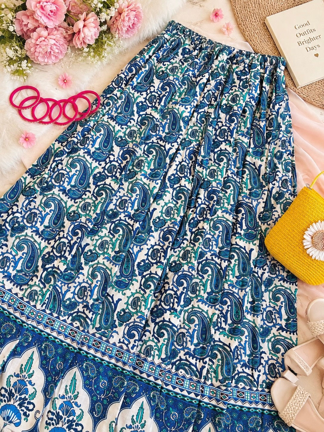 Blue Paisley Jaipuri Flared Cotton Skirt