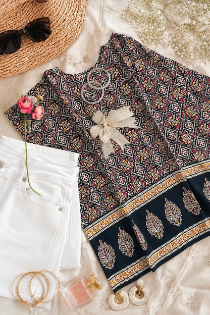 Black Handprinted Short Kurta
