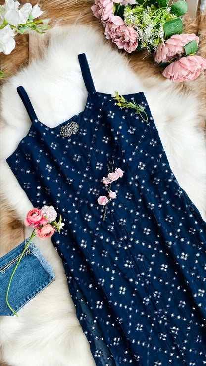 Dazzle Blue Mirror Embroidered Gulnaz Kurta