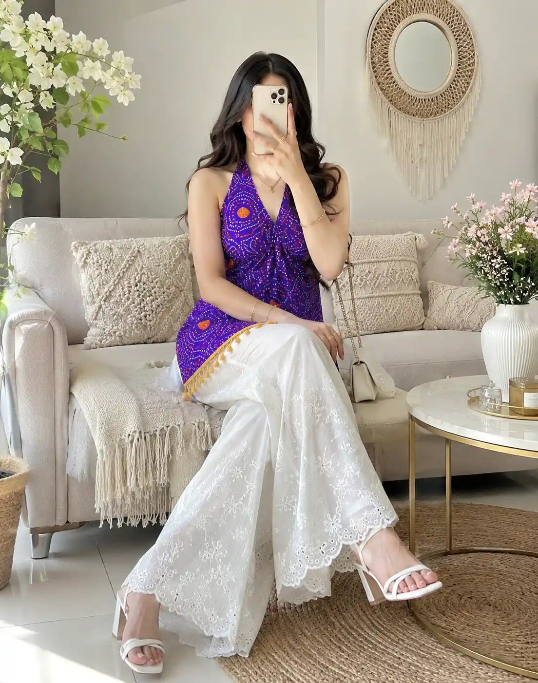 Boho Bloom Purple Bandhej Top