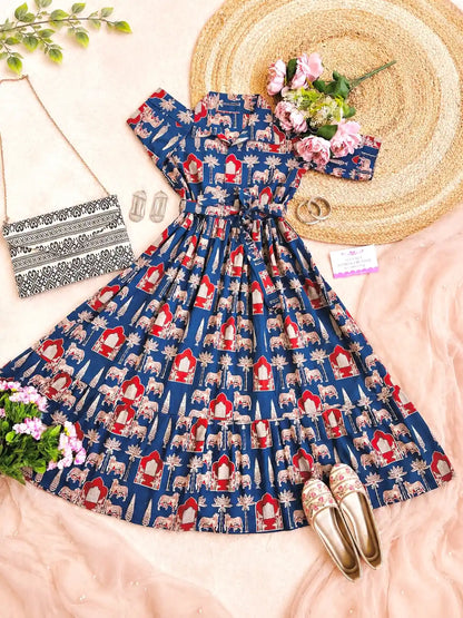 Blue Worli Collar Flared Dress