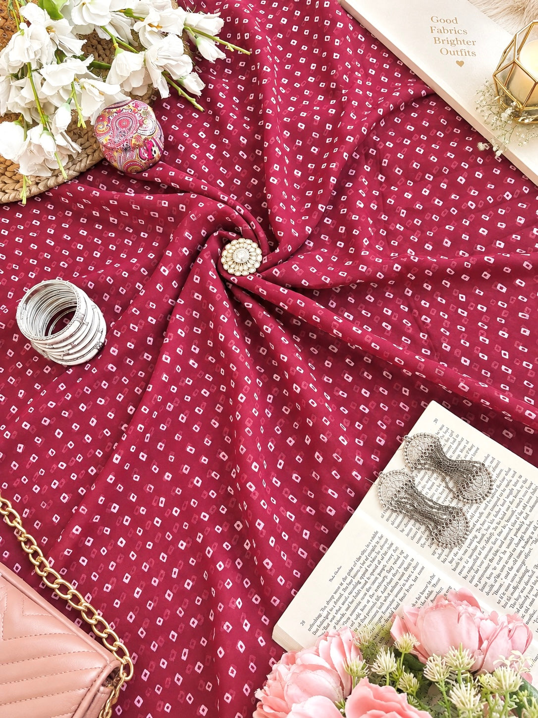 Wine Maroon Bandhej Gulnaz Fabric Cut