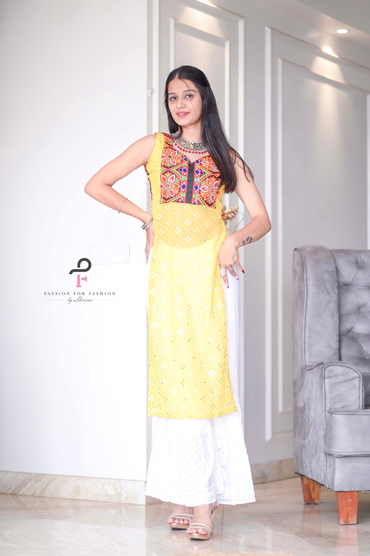 Sunflower Yellow Gulnaz Embroidered Kurta