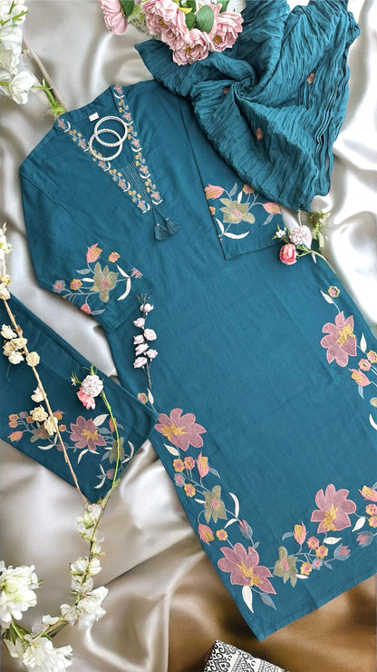 Meher Teal Bloom Embroidered Suit