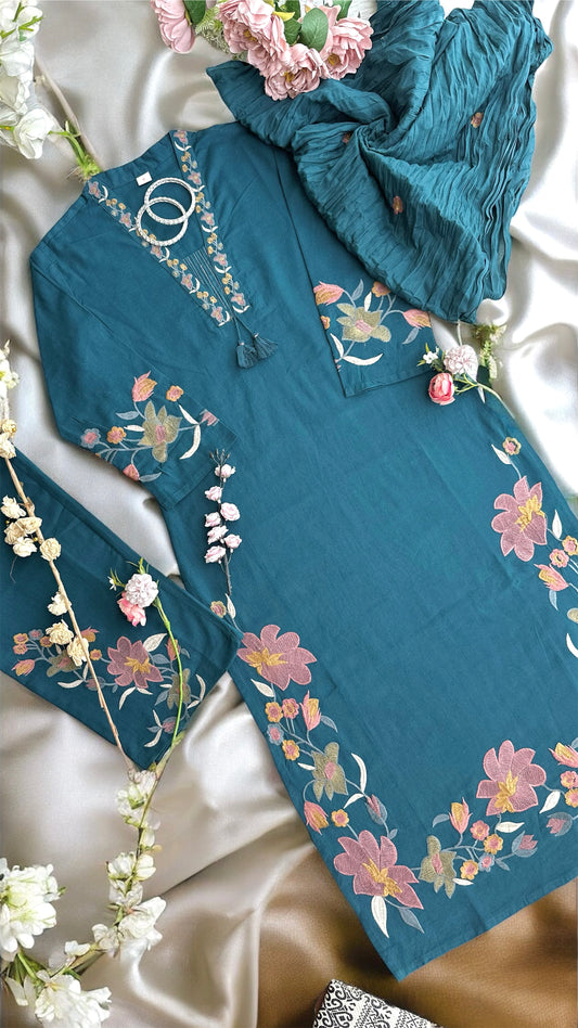 Meher Teal Bloom Embroidered Suit