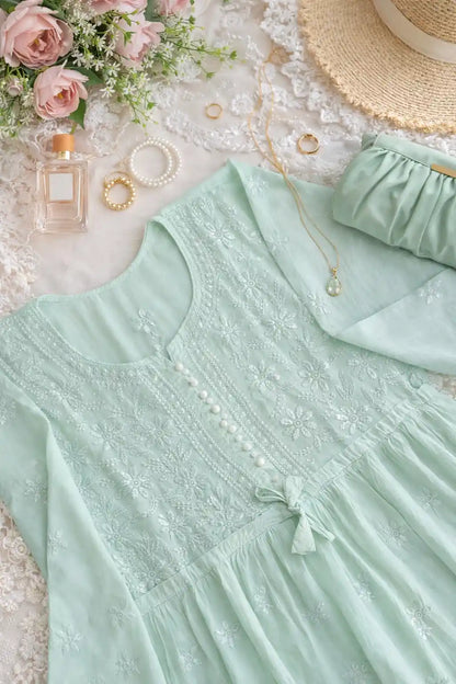 Blush Green Naaz Chikan Short Kurta