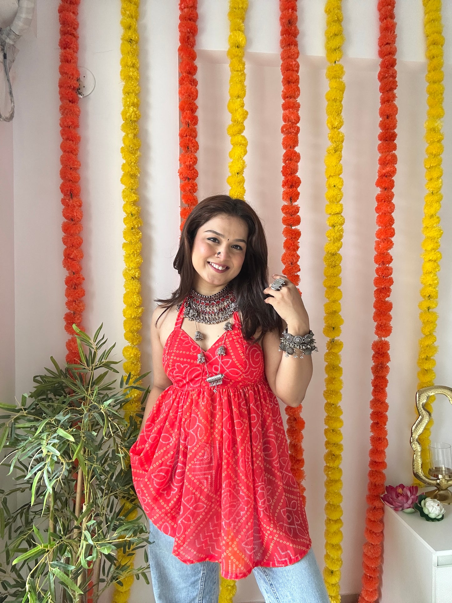 Ayesha’s Red Bandhej Peplum Top