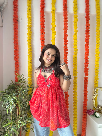 Ayesha’s Red Bandhej Peplum Top