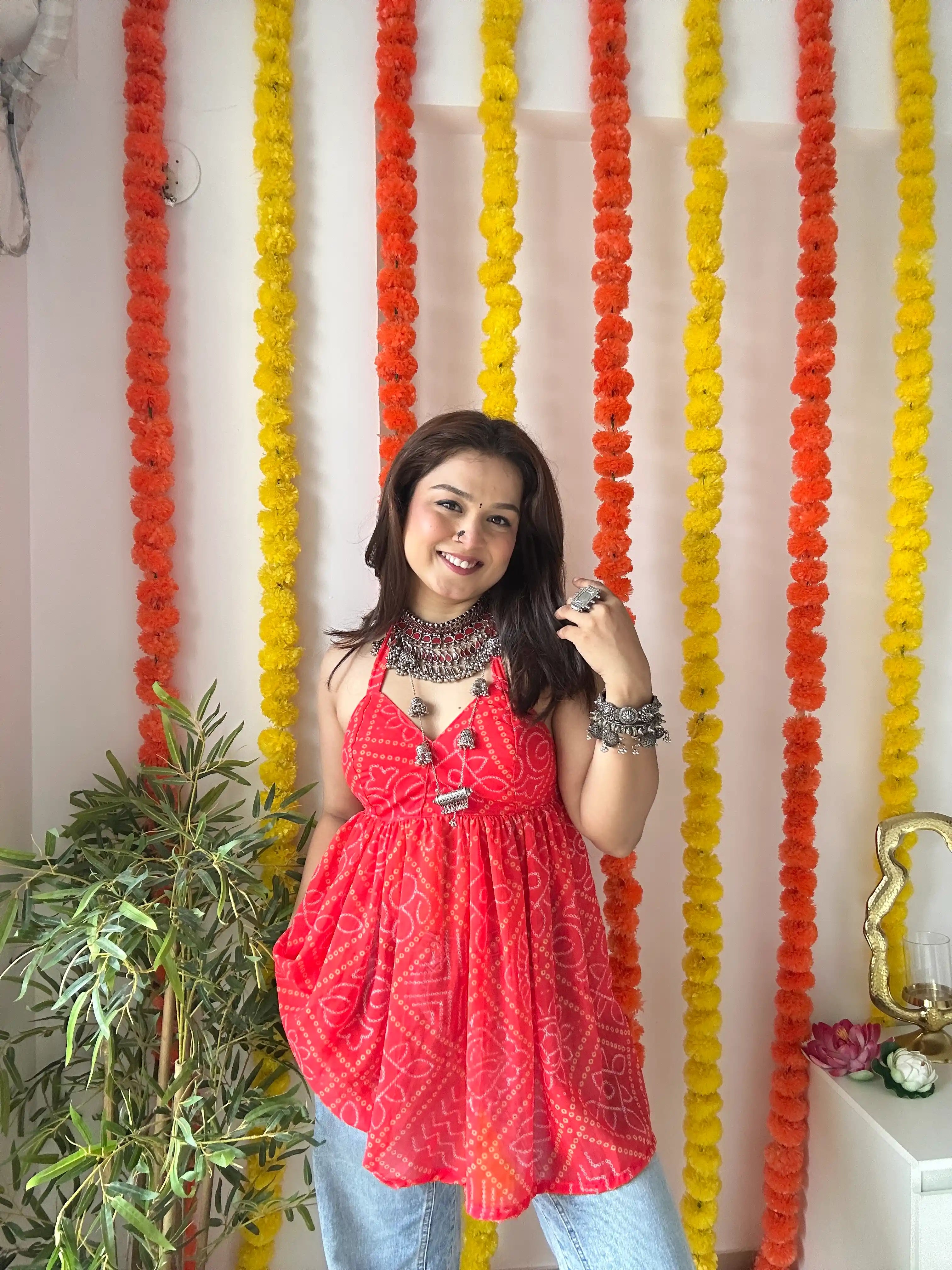 Ayesha’s Red Bandhej Peplum Top