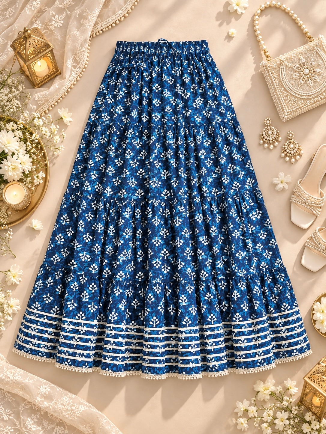 Jaipuri Indigo Block Flared Twirl Skirt