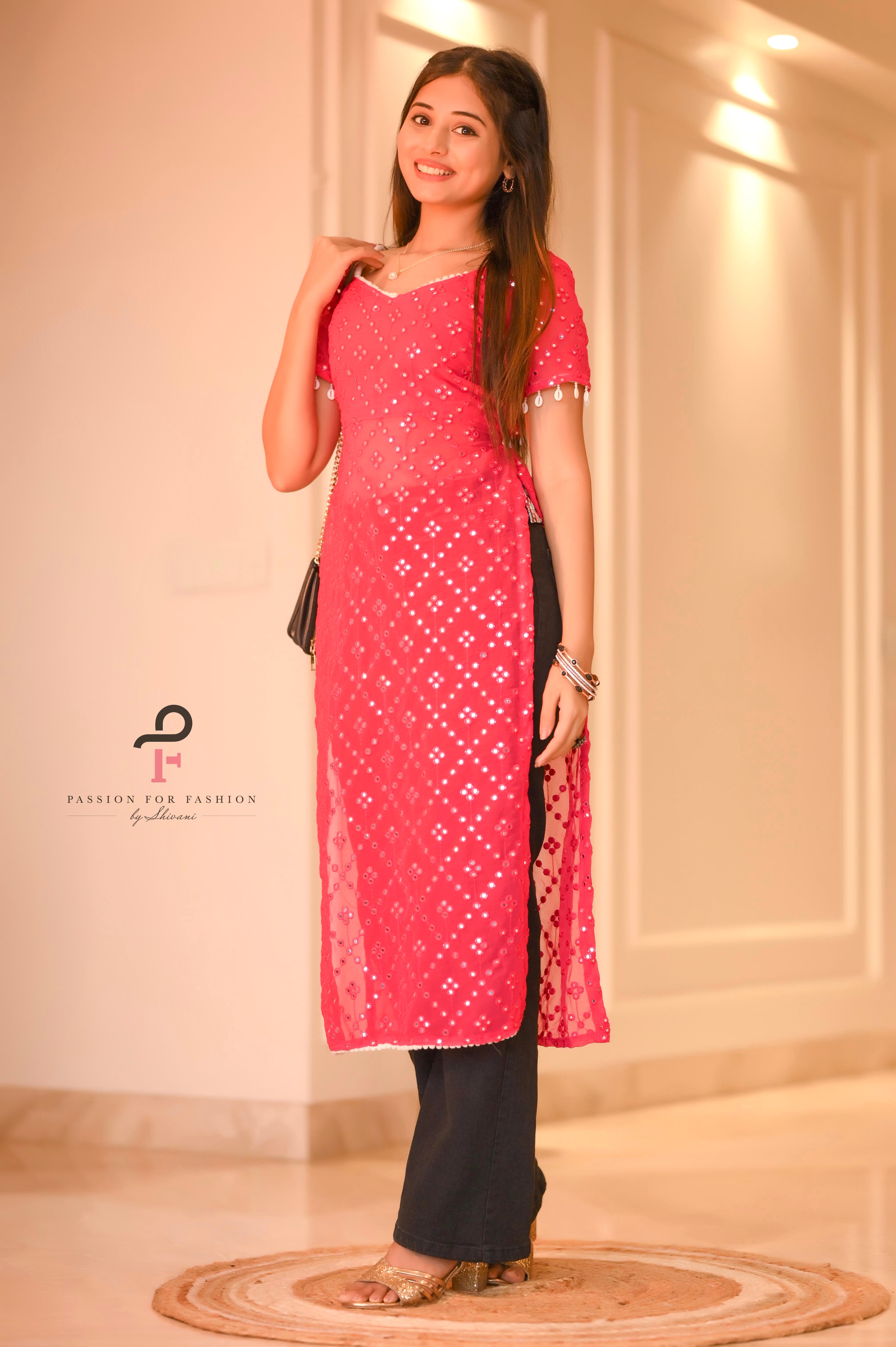 Hot Pink Embroidered Denim Gulnaz Kurta