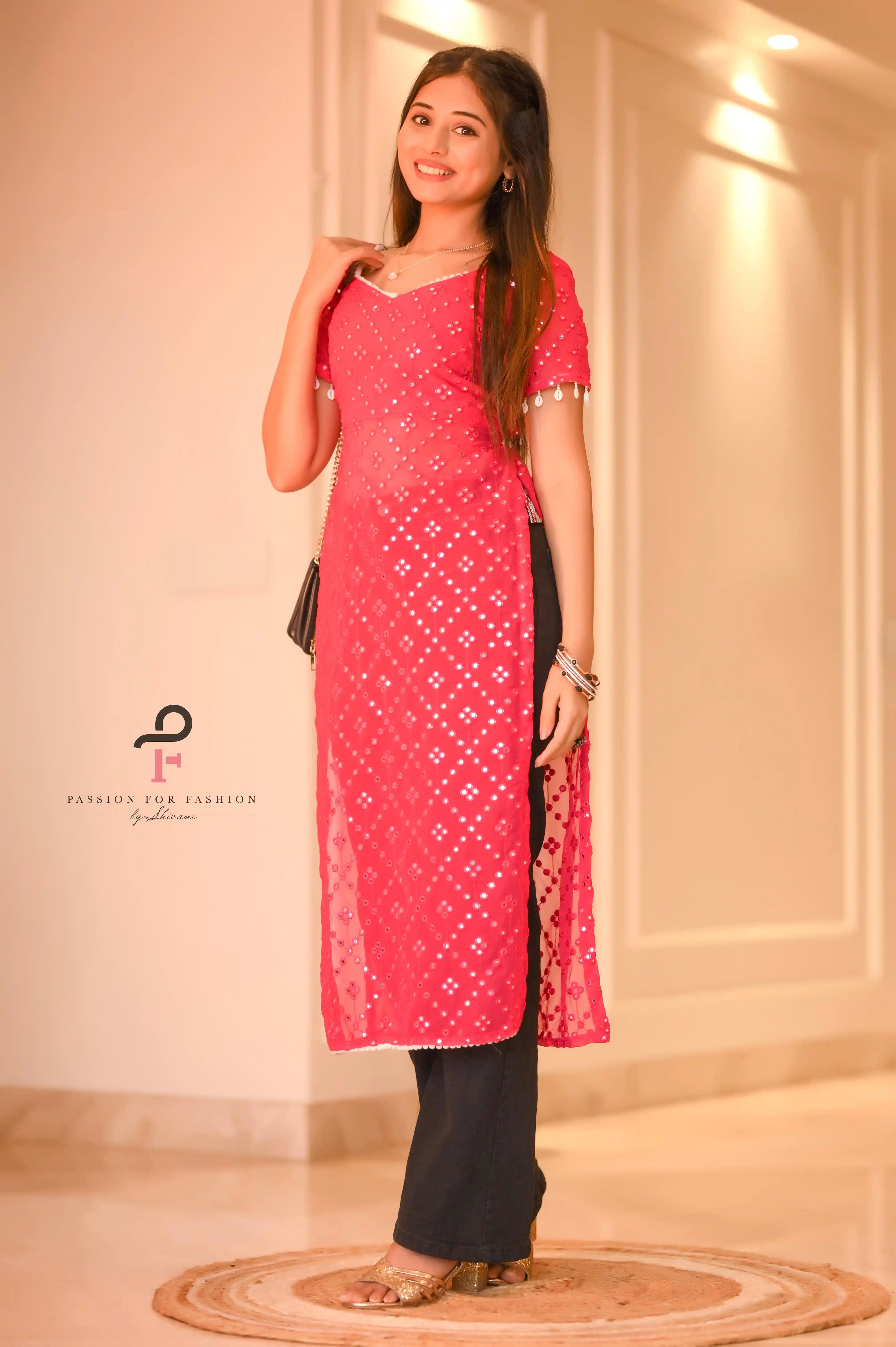 Hot Pink Embroidered Denim Gulnaz Kurta