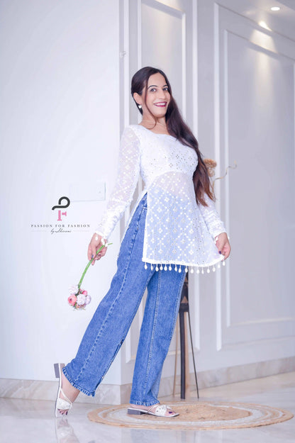 Rosy White Dori Gulnaz Embroidered Kurta
