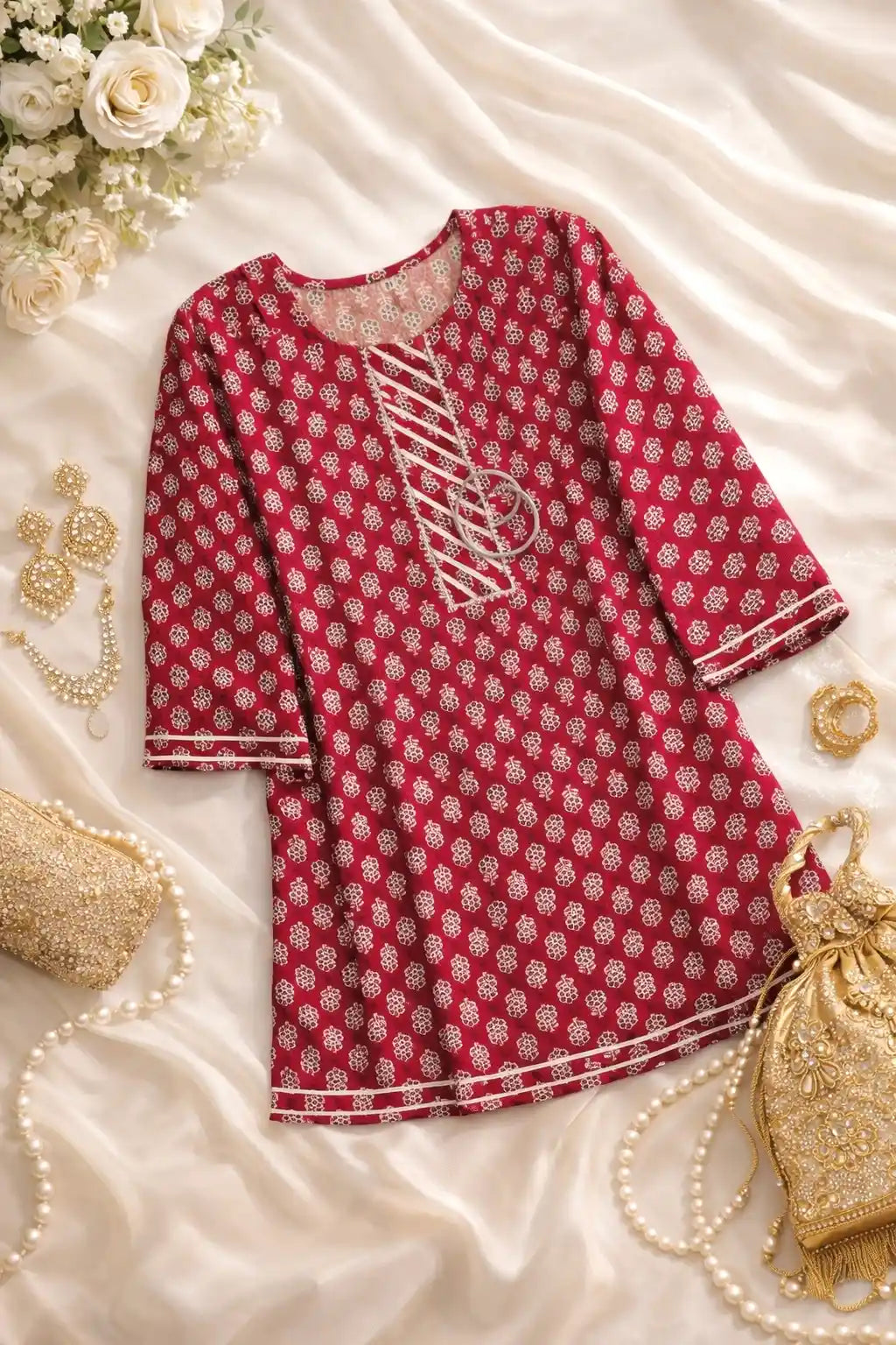 Maroon Jaipuri Cotton Short Kurta