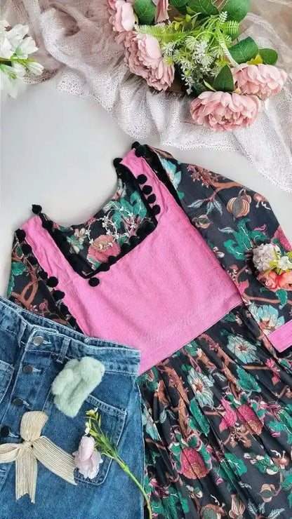 Black Kalamkari Pompom Peplum Top