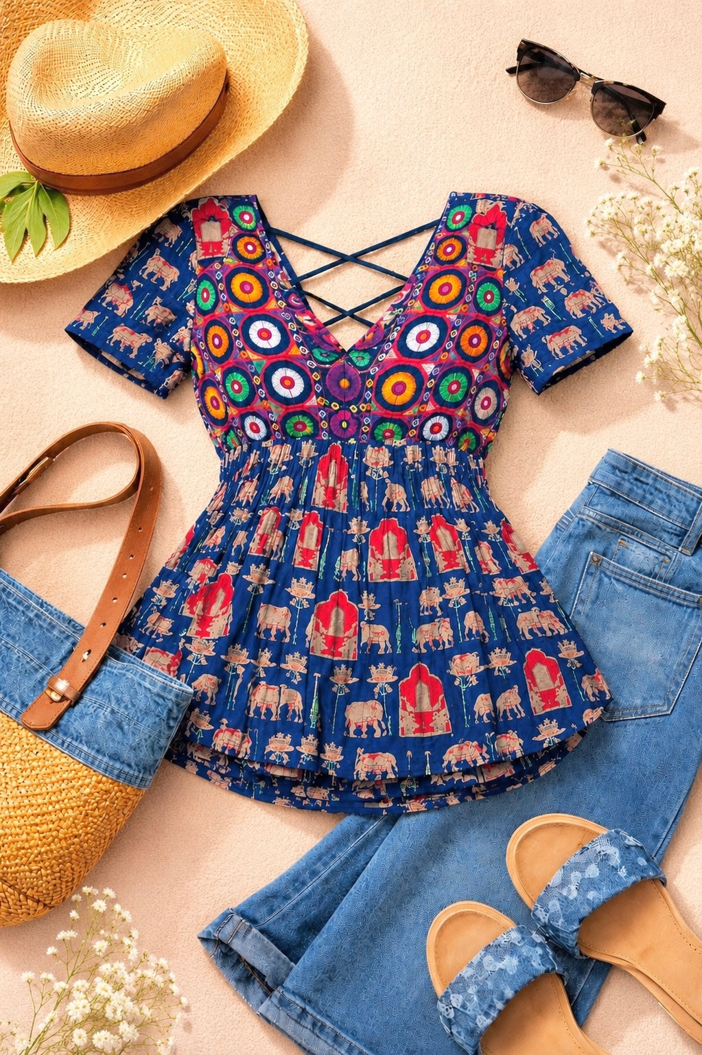 Boho Blue Jaipuri Patch Peplum Top