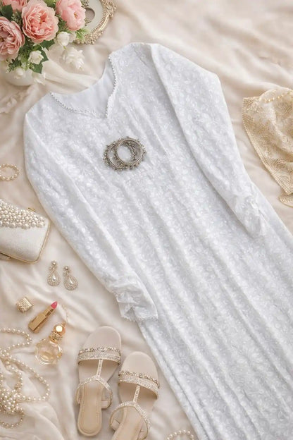 Gulnaz White Chikankari Lace-Up Kurta