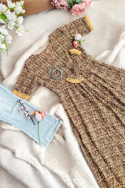Jaipuri Handprinted Brown Gulnaz Twirl Anarkali