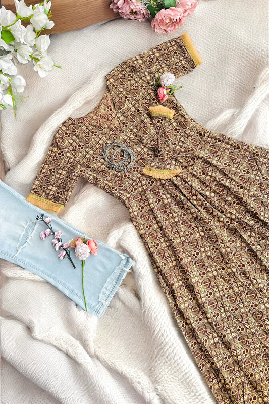 Jaipuri Handprinted Brown Gulnaz Twirl Anarkali