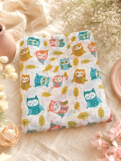 White Owl Print Cotton Fabric Cut
