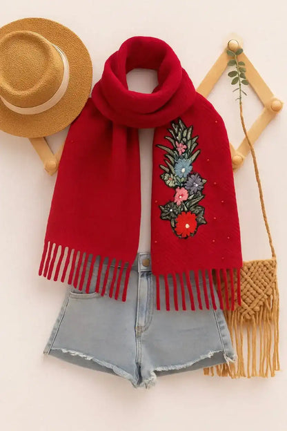 Maroon Embroidered Wool Winter Stole