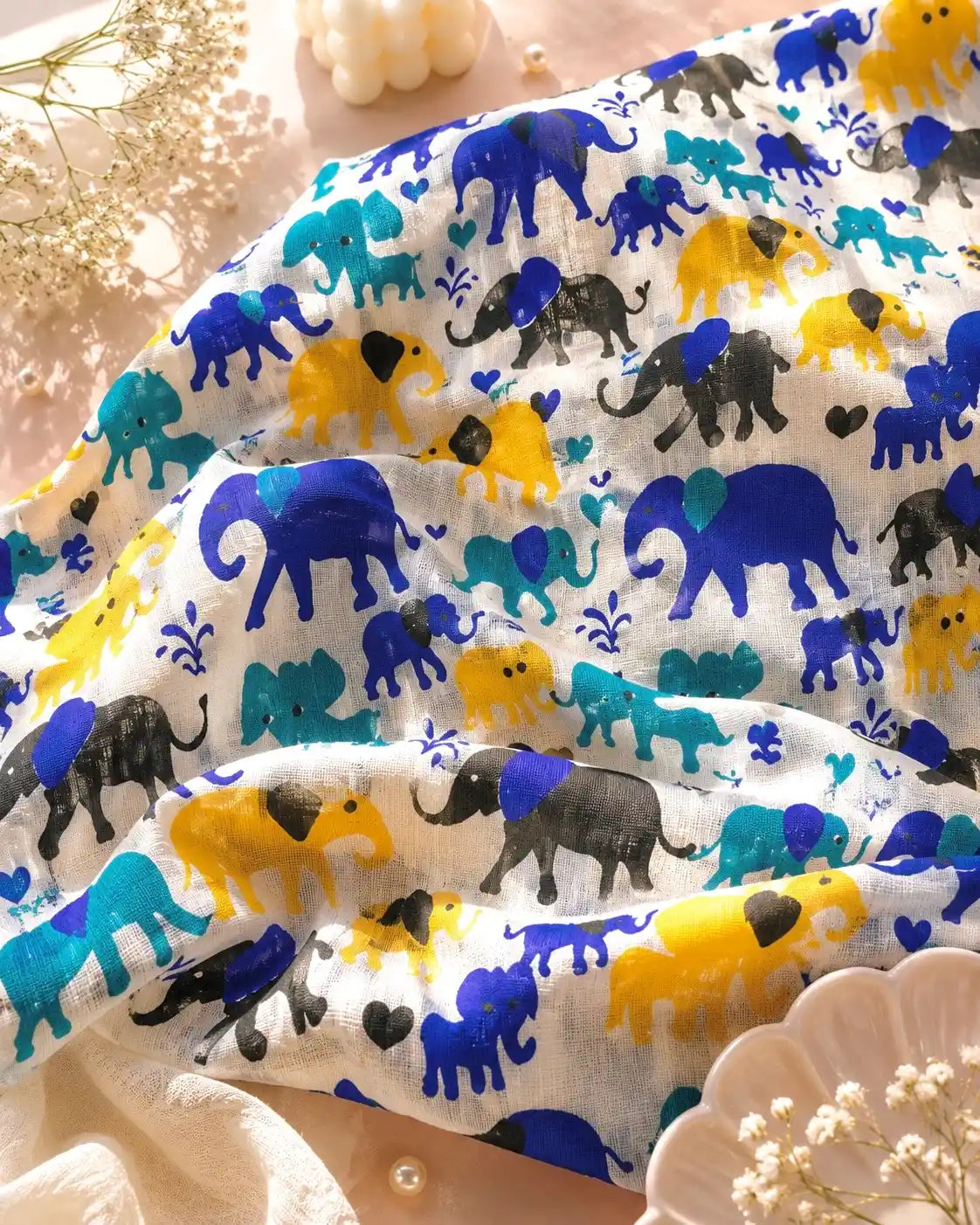 Cheerful Elephant Printed Cotton Fabric Cut