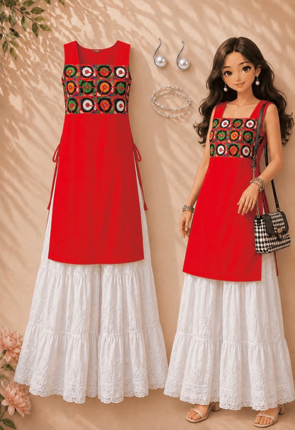 Kutchi Embroidered Red Gulnaz Kurta