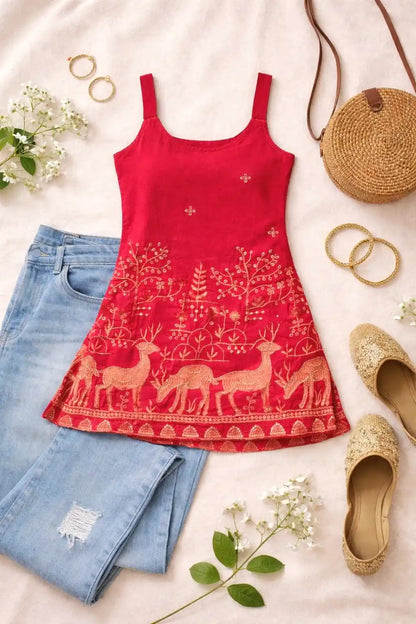 Hot Pink Hand Embroidered Kurta