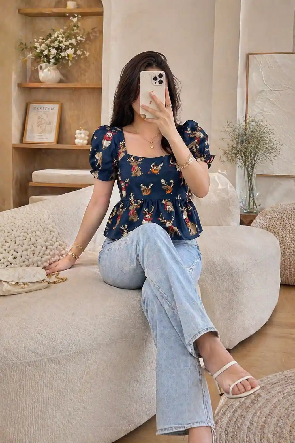 Navy Woodland Reindeer Peplum Top