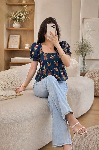 Navy Woodland Reindeer Peplum Top