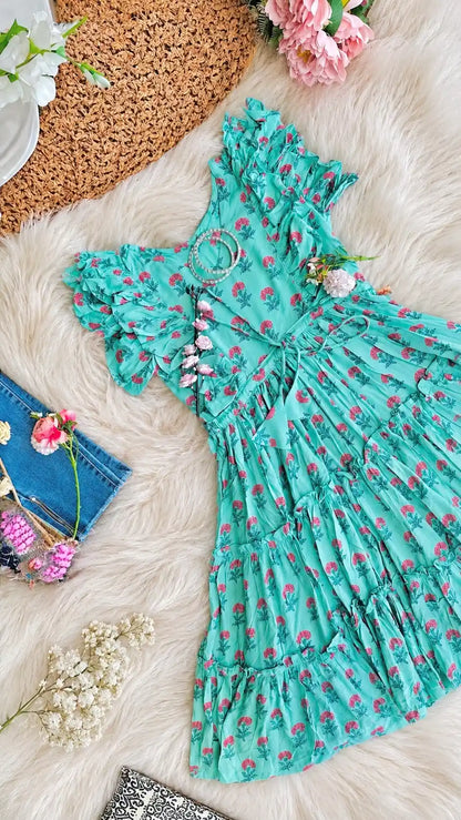 Classic Hand Print Gulnaz Frill Kurta