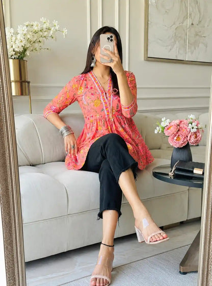 Pretty Peach Kalamkari Short Denim Kurta