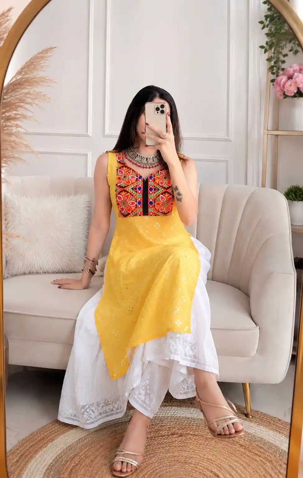 Sunflower Yellow Gulnaz Embroidered Kurta