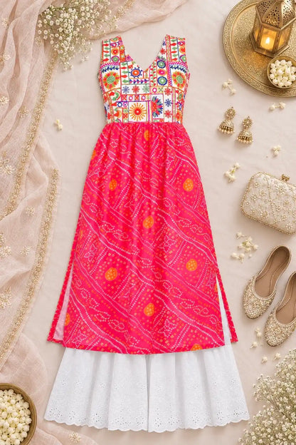 Rosy Pink Bandhej Gulnaz Embroidered Kurta