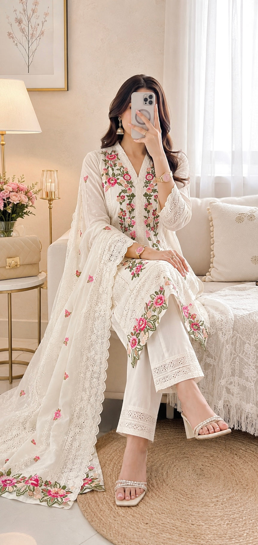 Ivory Floral Embroidered Meher Suit Set