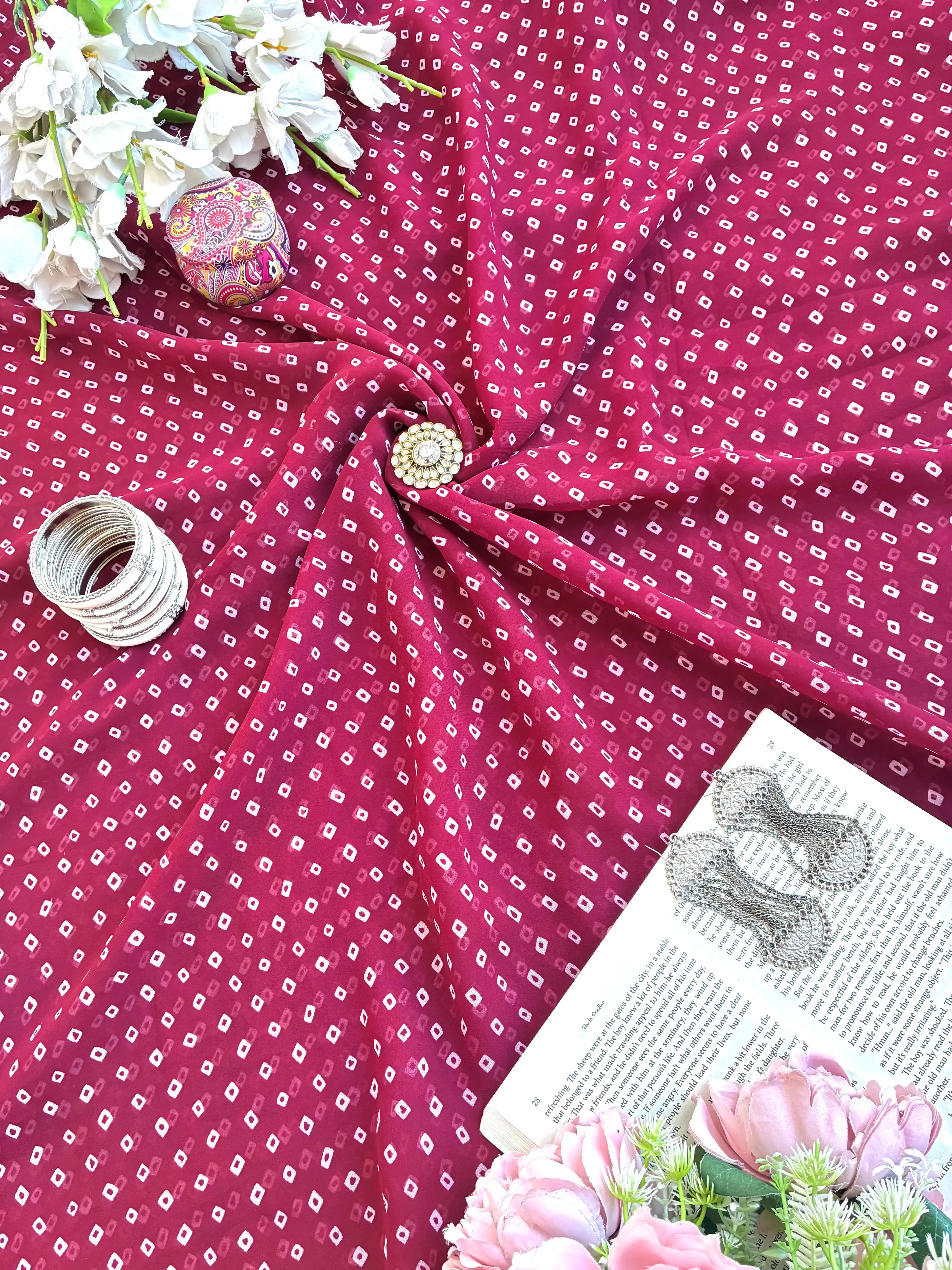 Wine Maroon Bandhej Gulnaz Fabric Cut