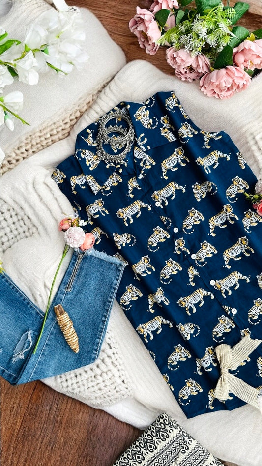 Blue Tiger Cute Collar Shirt