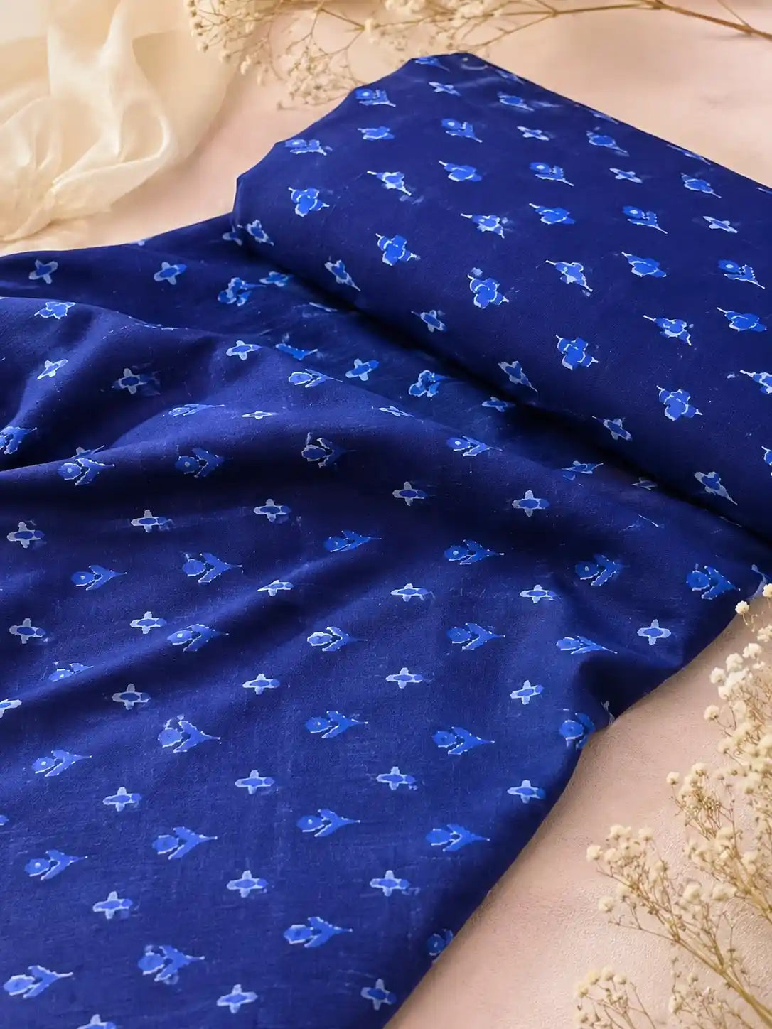 Royal Blue Floral Buti Cotton Fabric Cut