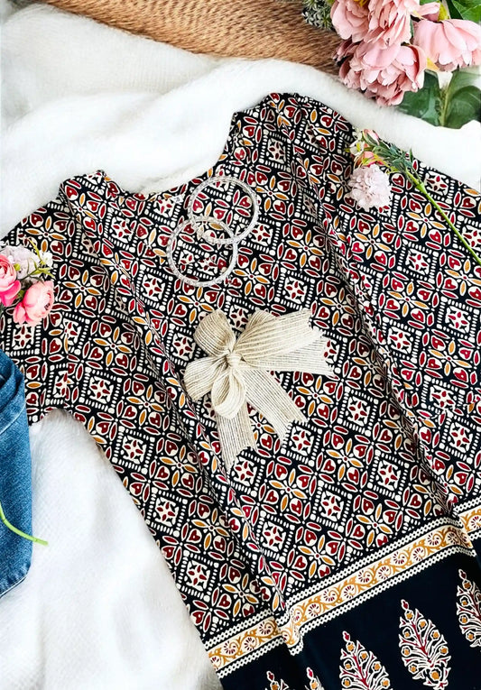 Black Handprinted Short Kurta