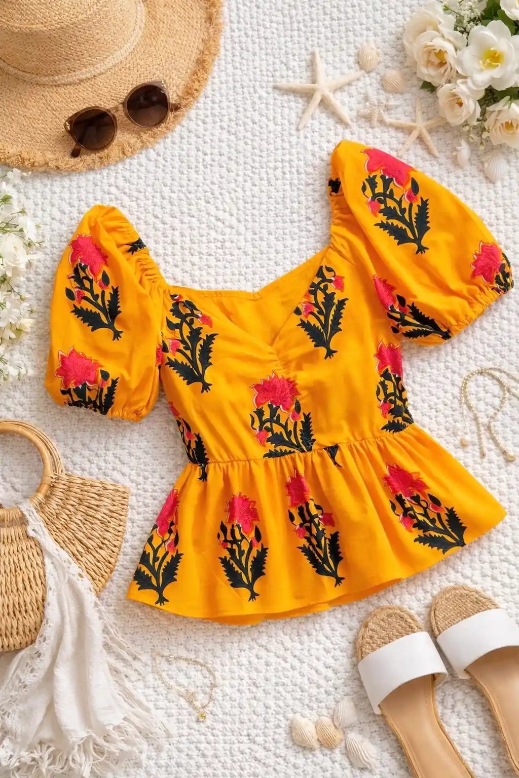 Sunflower Yellow Cotton Pleated Peplum