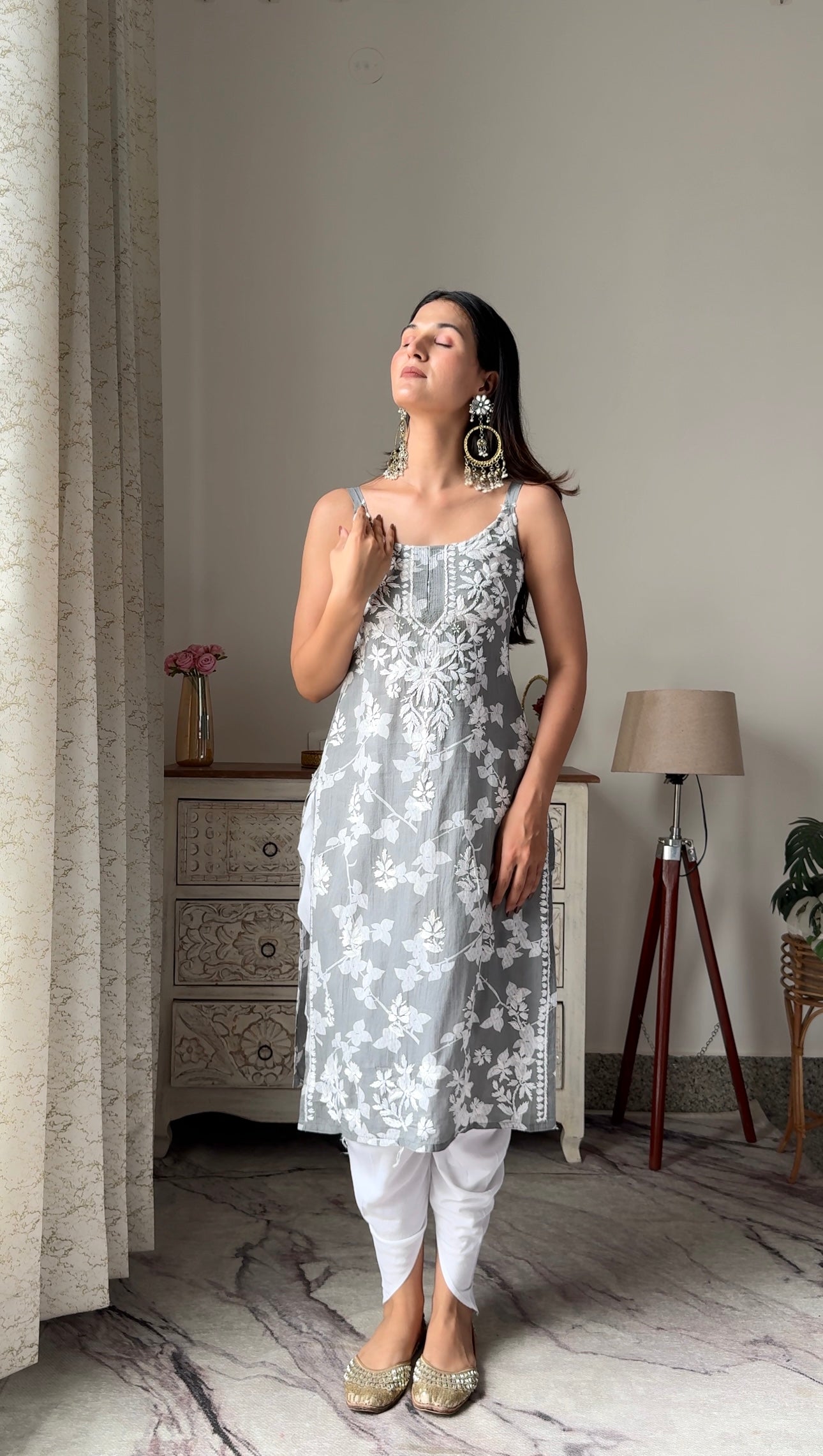 Swati's Grey Anokhi Mul Slit Chikan Kurta