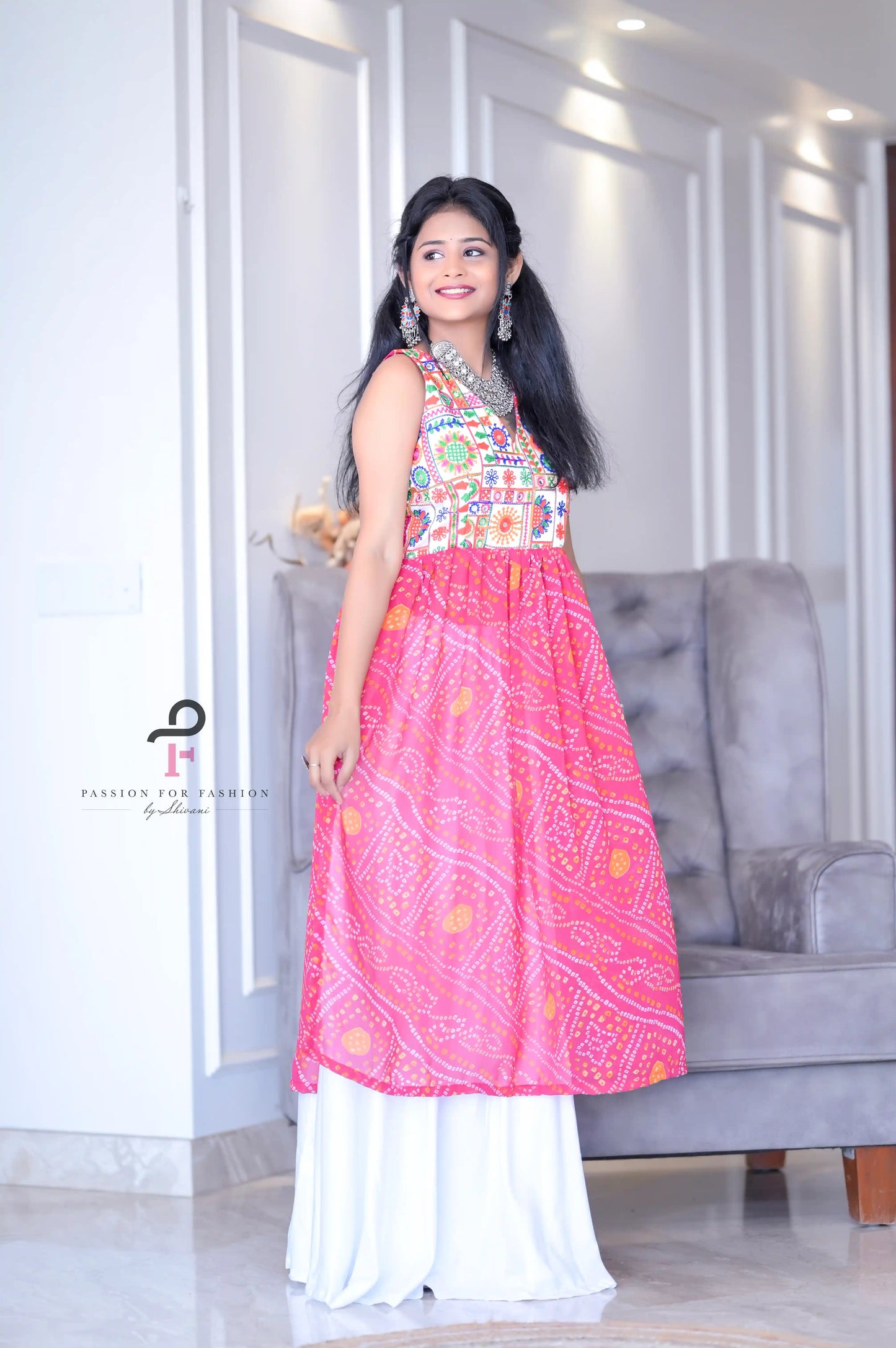 Rosy Pink Bandhej Gulnaz Embroidered Kurta