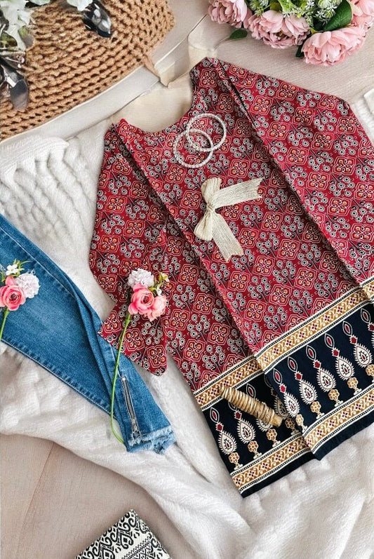 Maroon Sanganeri Short Kurta - Passion for Fashion by Shivani