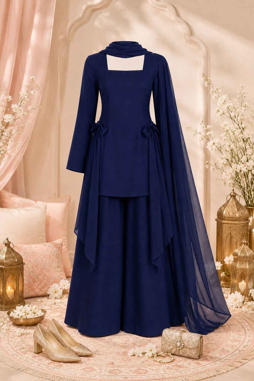 Midnight Blue Bow Styled Kurta Set
