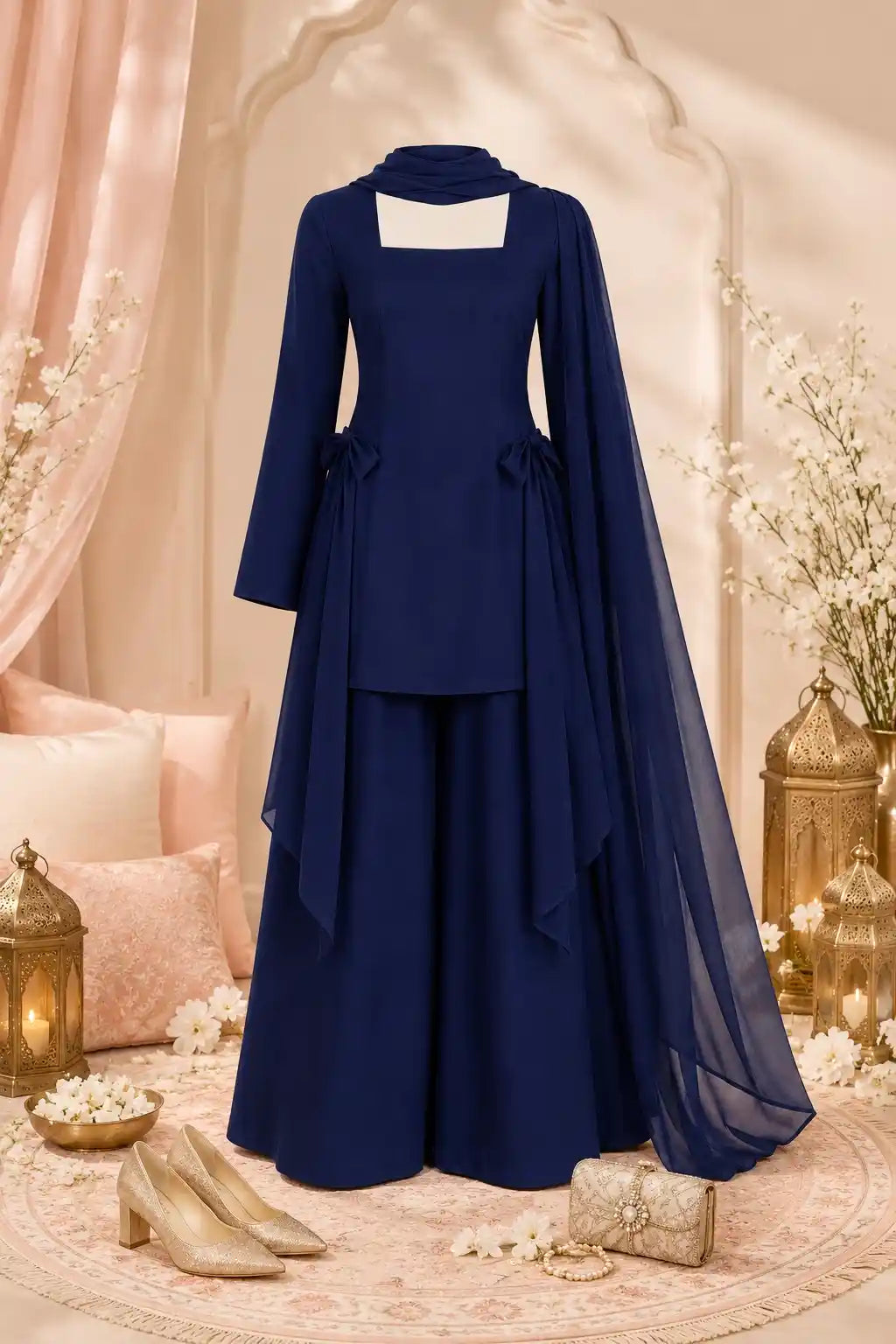 Midnight Blue Bow Styled Kurta Set