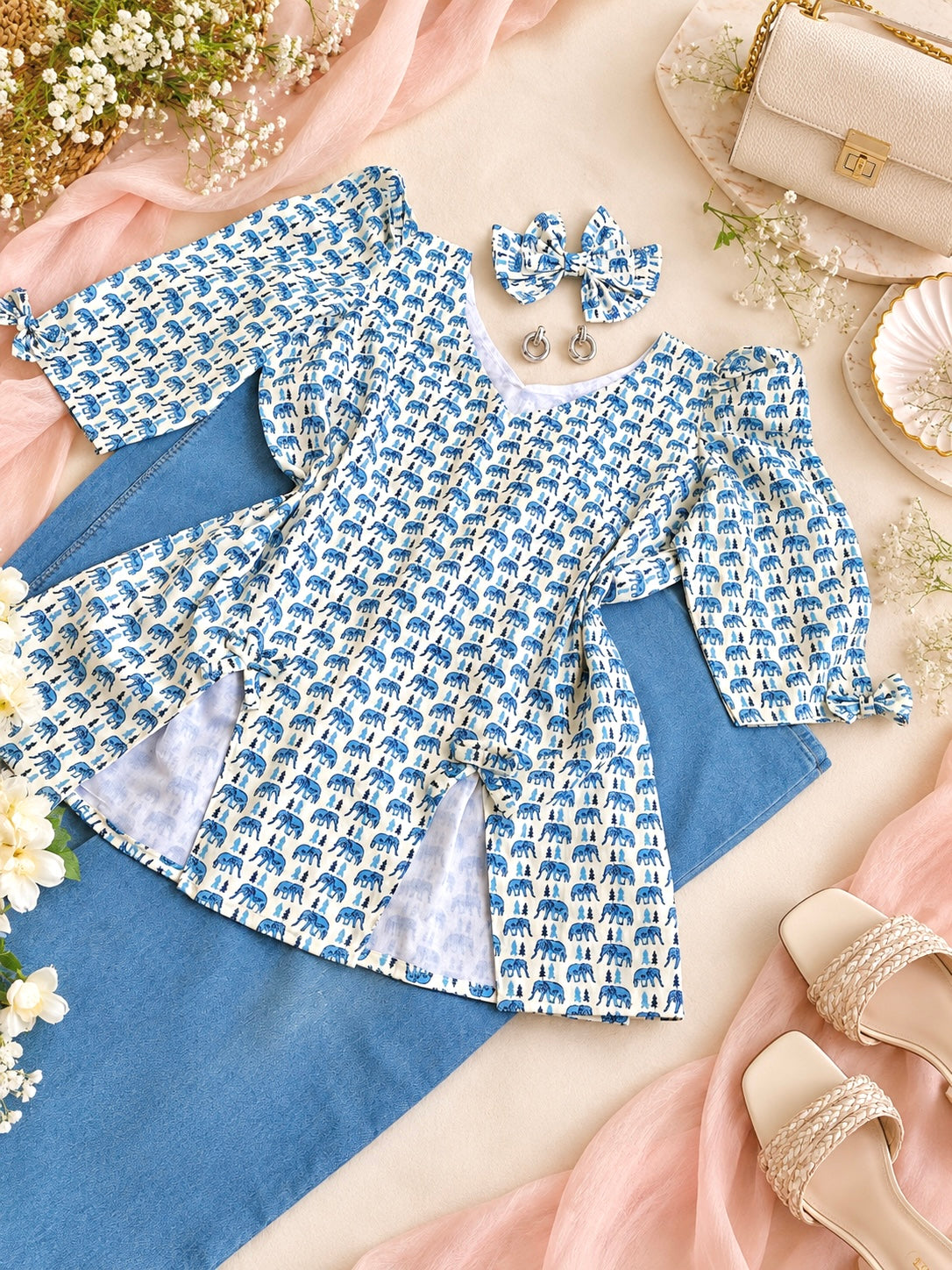 Ivory Blue Handblock Print Peplum Top