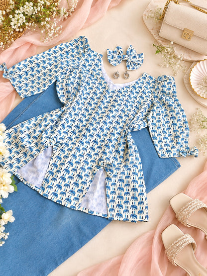 Ivory Blue Handblock Print Peplum Top