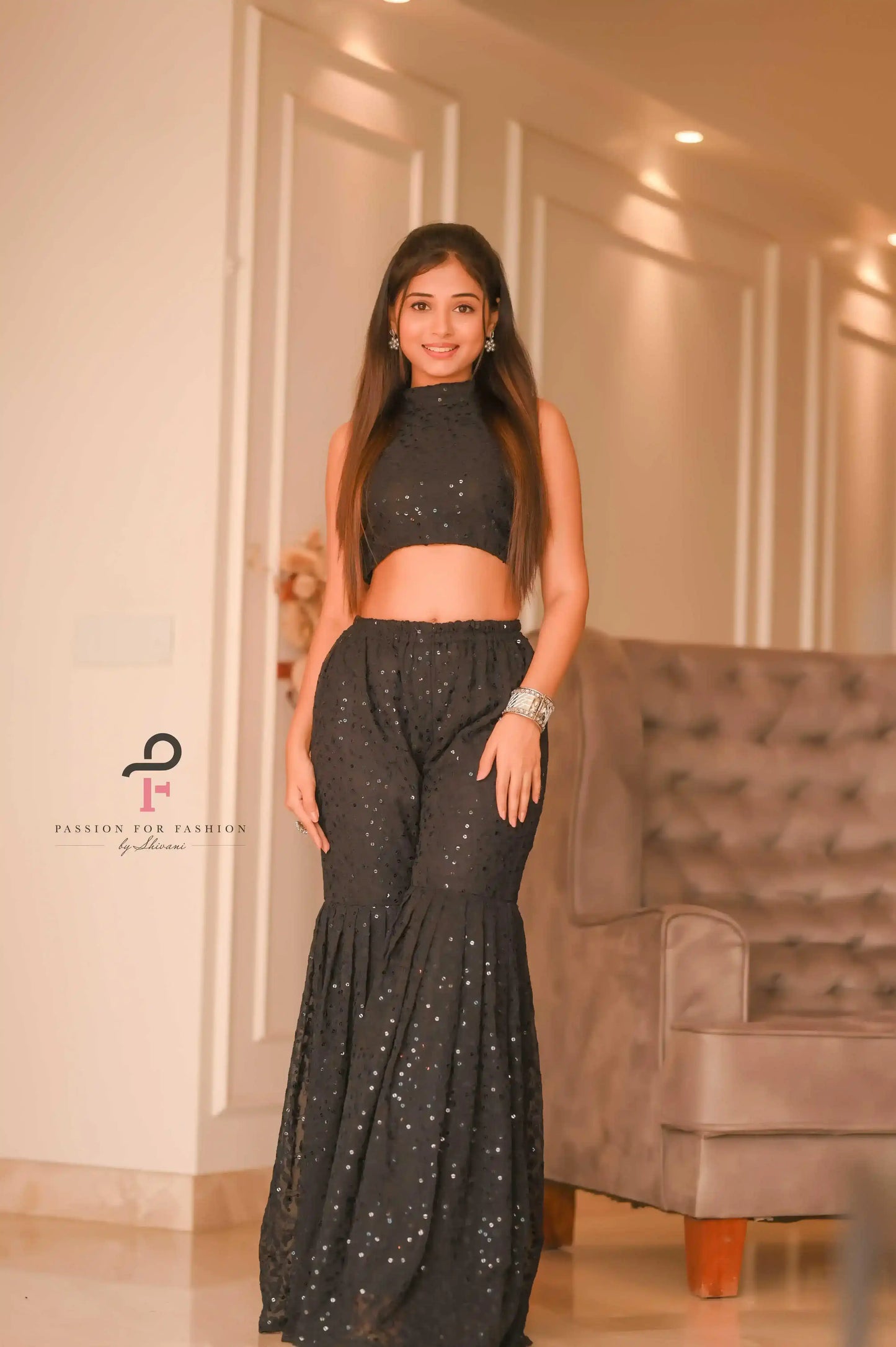 Midnight Leafy Black Sharara Set