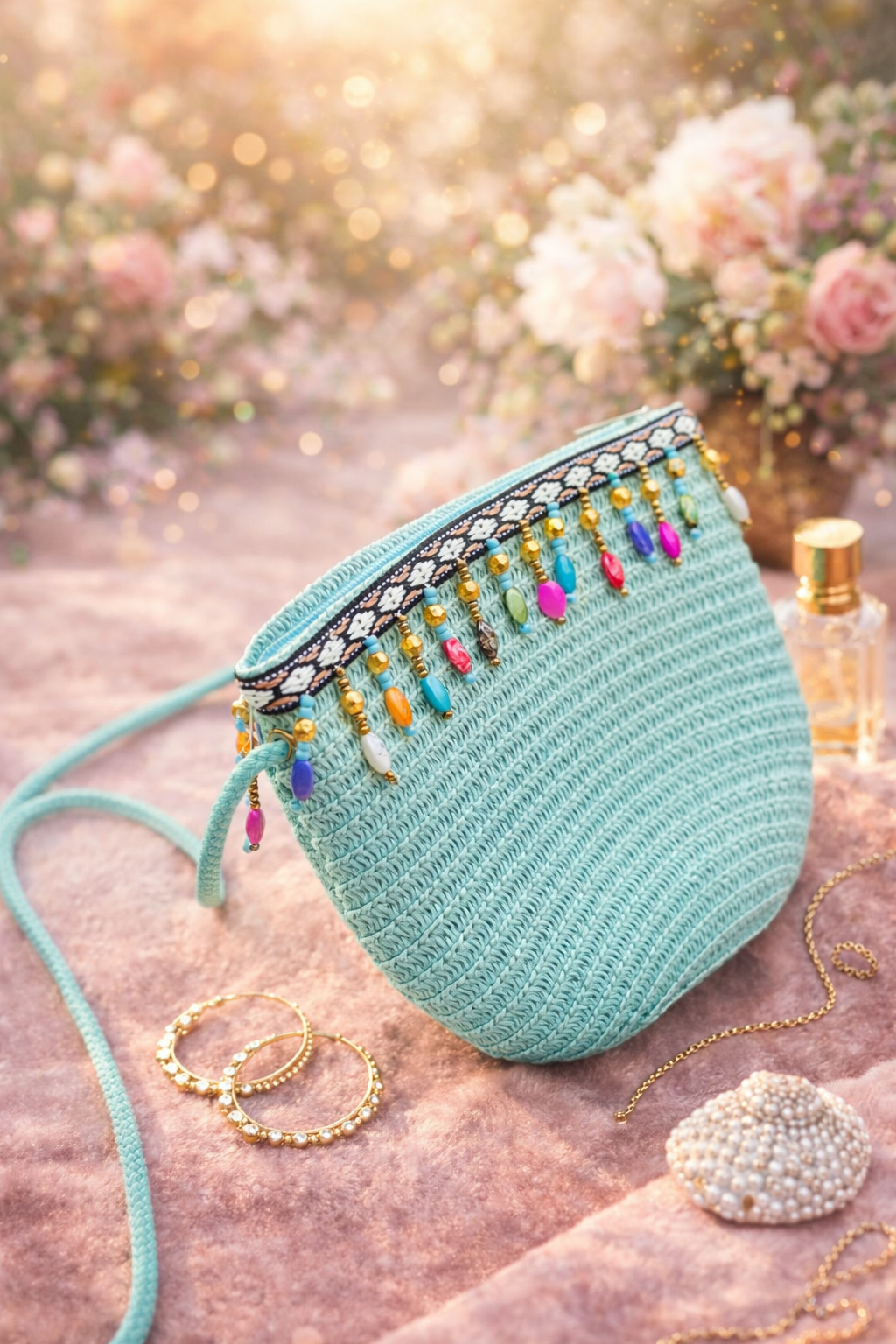 Boho Beaded Blue Crochet Sling Bag